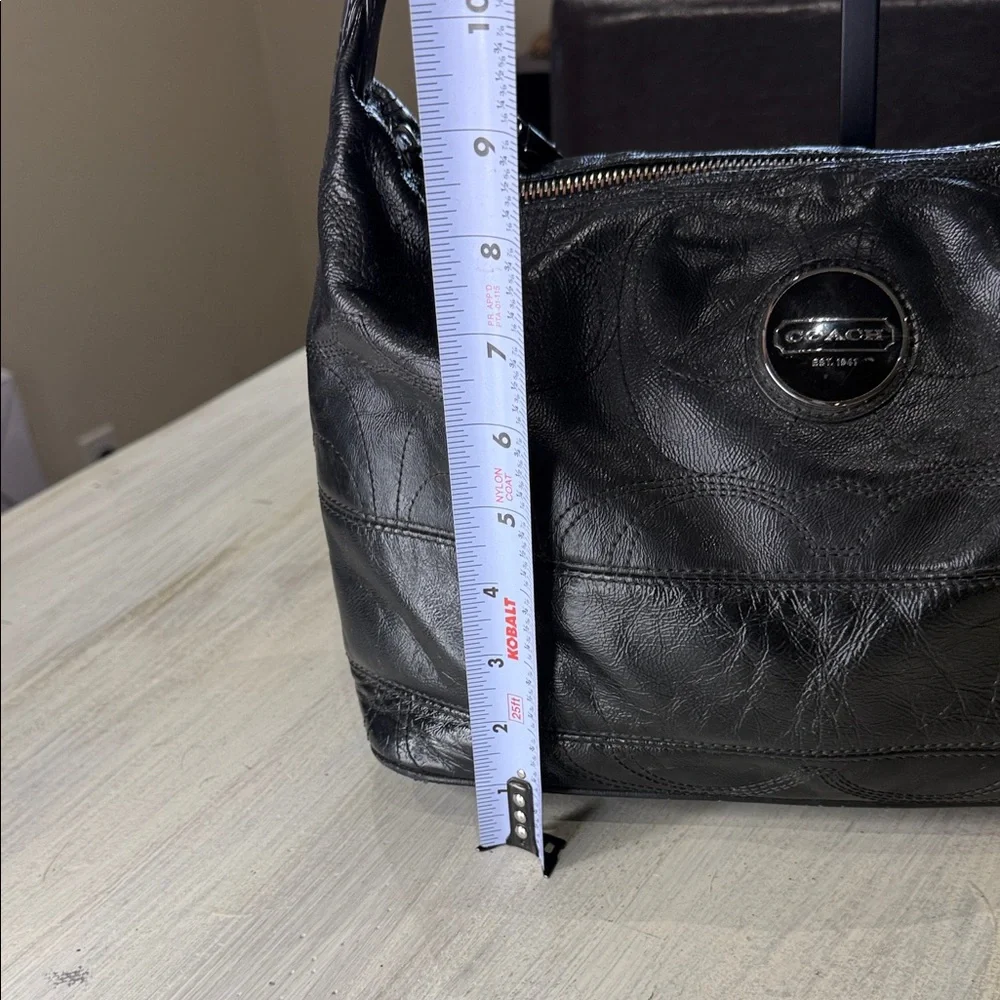 Coach Black Signature Stripe Stitched Leather Hobo Bag with Silver Accents